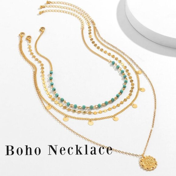 Stylish 4-Piece Gold Layered Necklace Set with Turquoise – Hypoallergenic & Chic - Picture 2 of 7